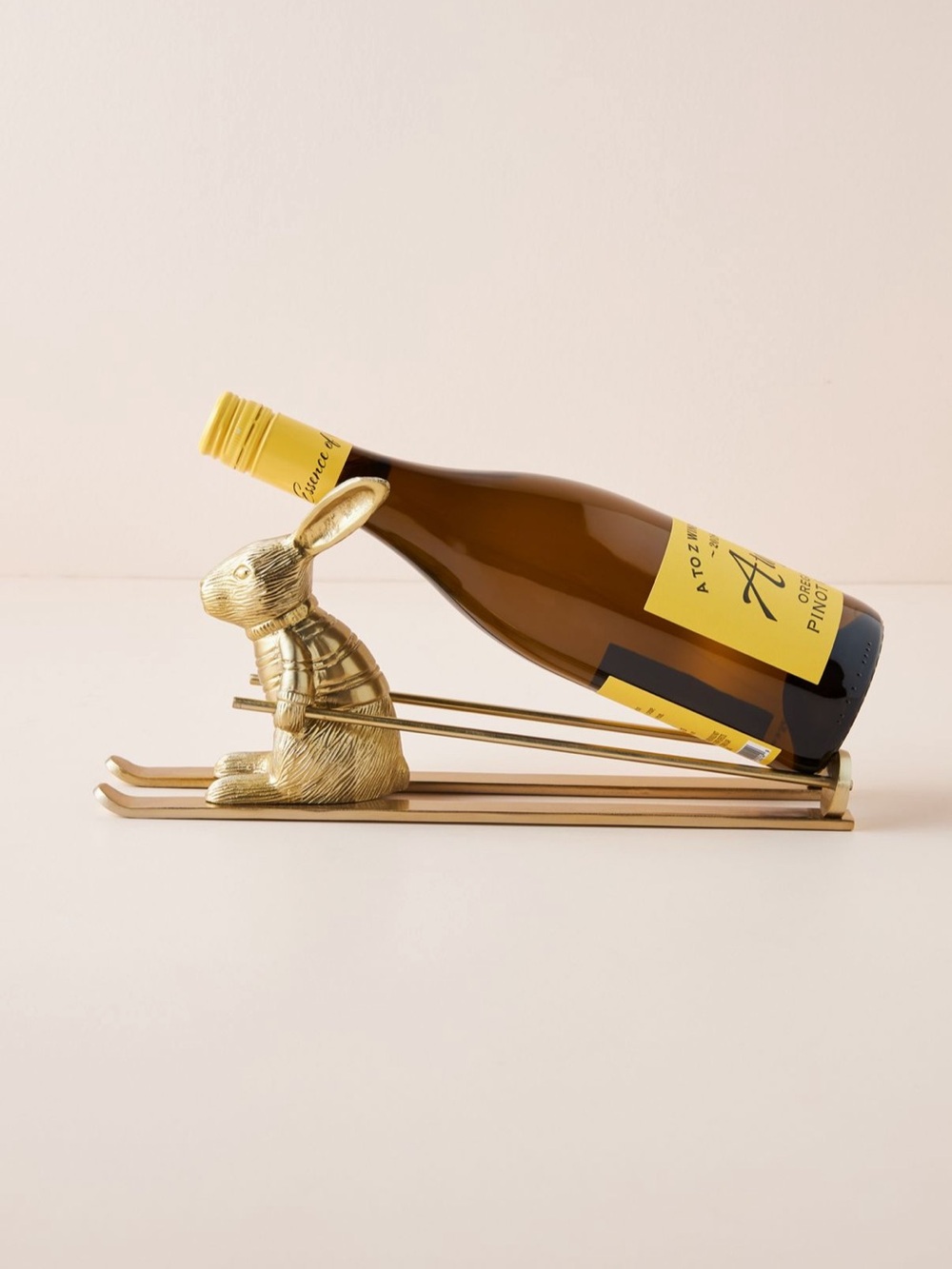 Anthropologie Skiing Hare Rabbit Wine Bottle Holder in Gold Brass